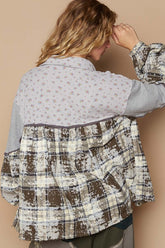 POL Balloon Sleeve Floral Color Block Plaid Shirt OutfitFlow
